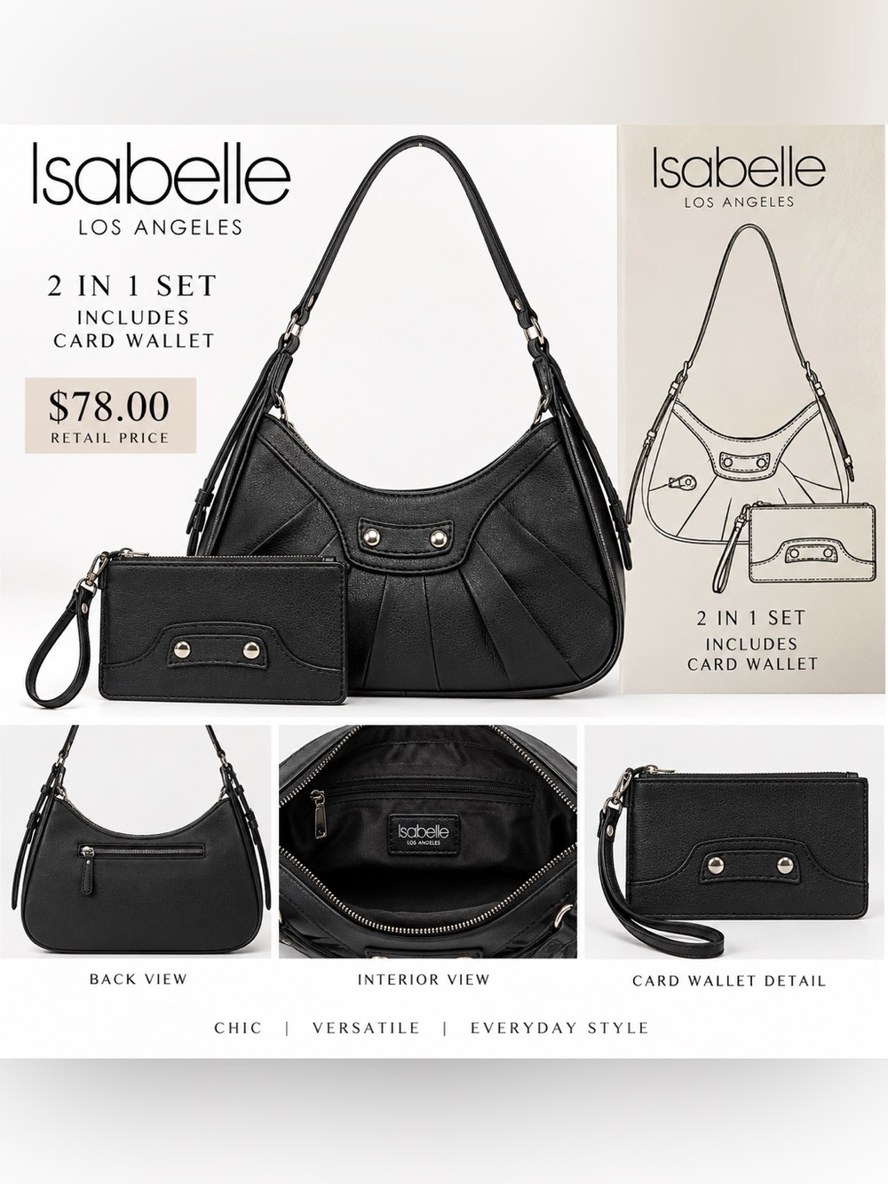 Isabelle Los Angeles Black Vegan Leather Shoulder Bag + Card Wallet NWT